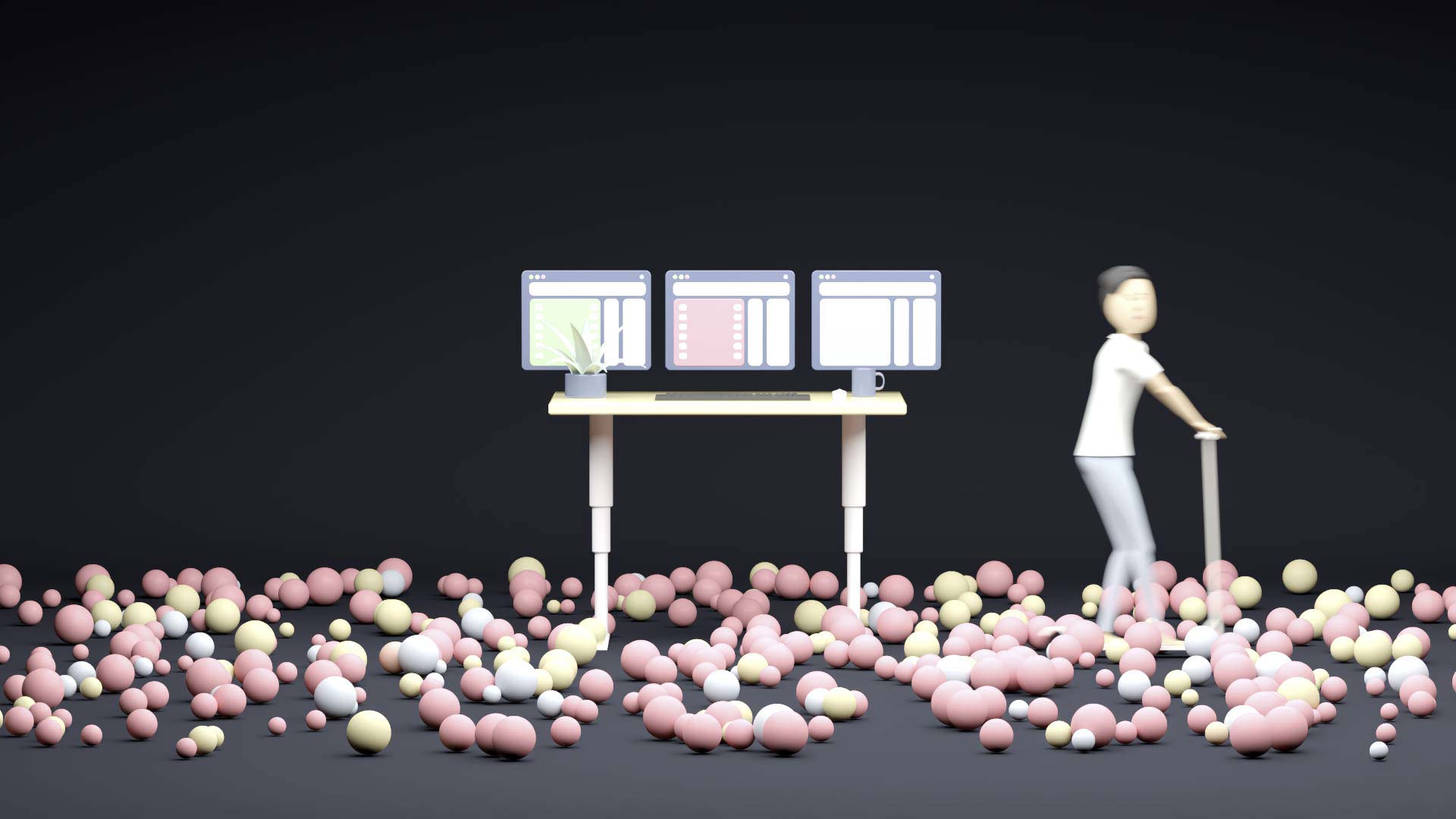 A co-worker enters the workspace represented by a height-adjustable desktop. The co-worker uses an e-scooter. In the room, there are numerous rolling balls representing itesign-developed apps.
